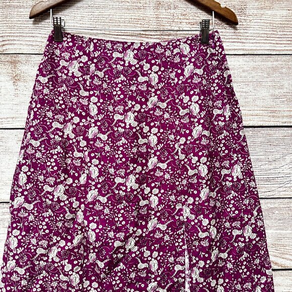 LOFT Petites 2P Floral A-Line Skirt Purple White Linen Blend Midi Slit Side - Picture 4 of 8